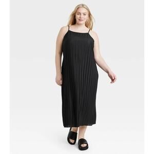 A New Day Women's Tank Style Flowy Pleated Midi Knit Plisse Dress Size L Black